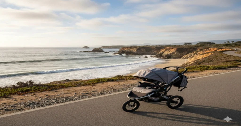A stroller on a paved coastal path with the ocean and cliffs in view.