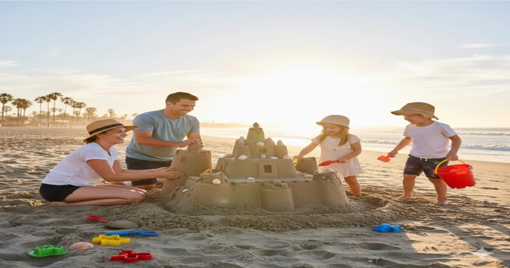 A family making a big sandcastle on the beach in sunlight