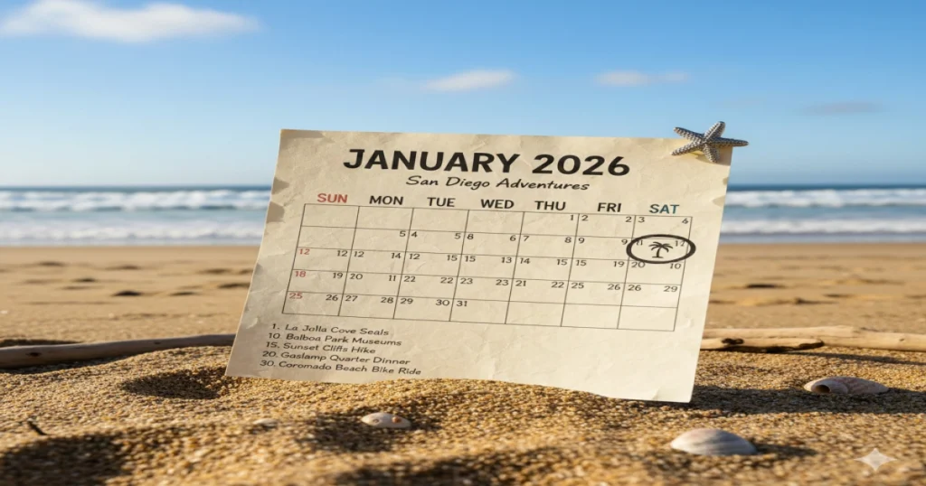 Calendar page for January pinned on a sandy shore