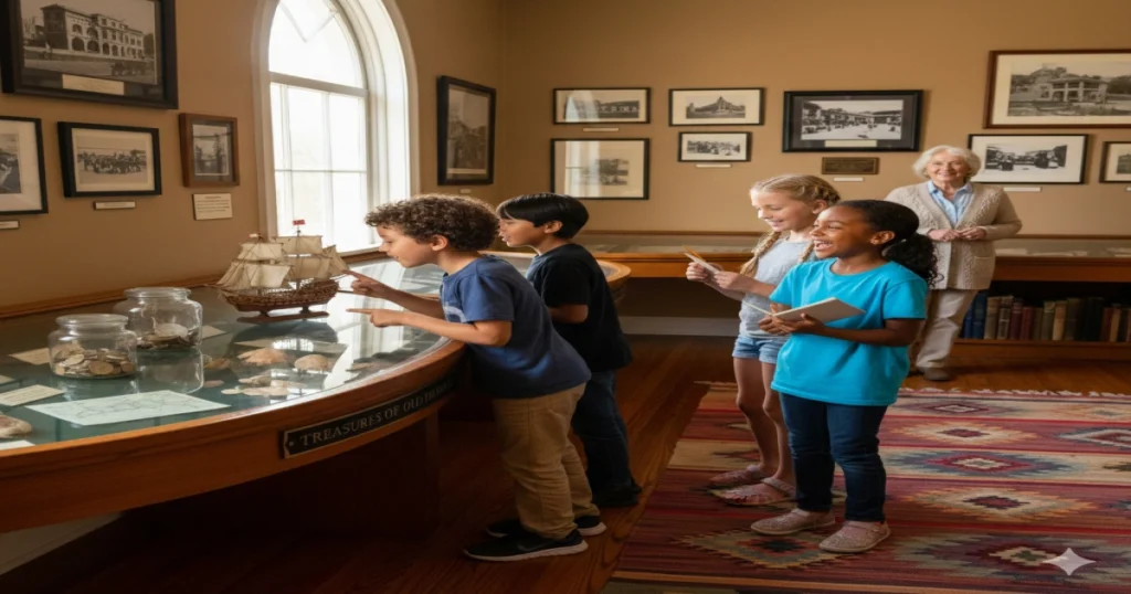 Children peer into display cases in a small local history museum