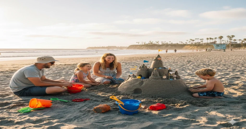 A family builds a sandcastle on a sunny beach with buckets and shovels