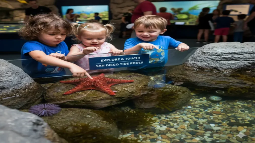 Children touch a starfish in a shallow indoor tide pool exhibit