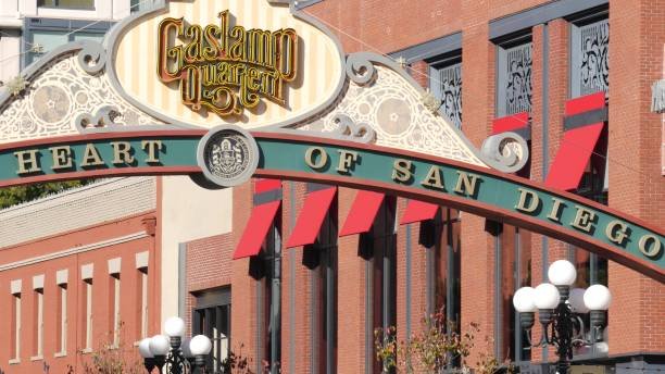 San Diego, California USA - 13 Feb 2020: Gaslamp Quarter historic entrance arch sign. Retro signboard on 5th ave. Iconic vintage signage, old-fashioned tourist landmark, city symbol and sightseeing.