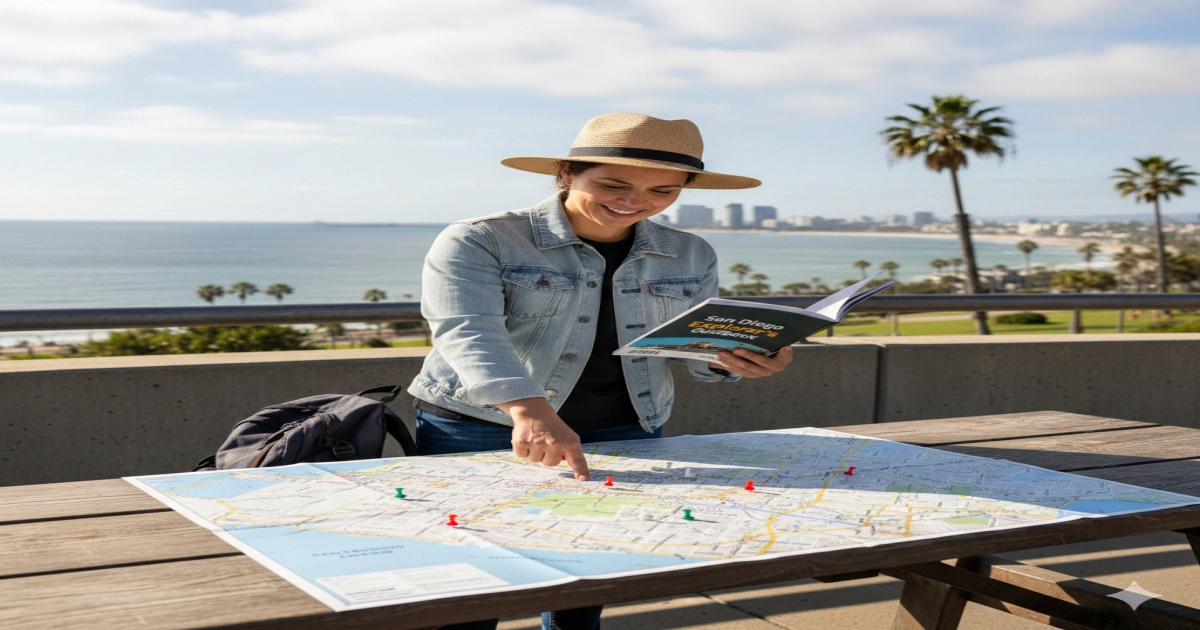 A tourist holding a guidebook and pointing at a city map with pins