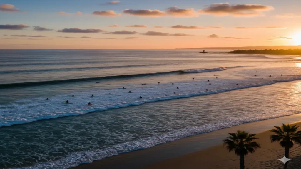 Surfers on boards riding a line of small waves near the shore