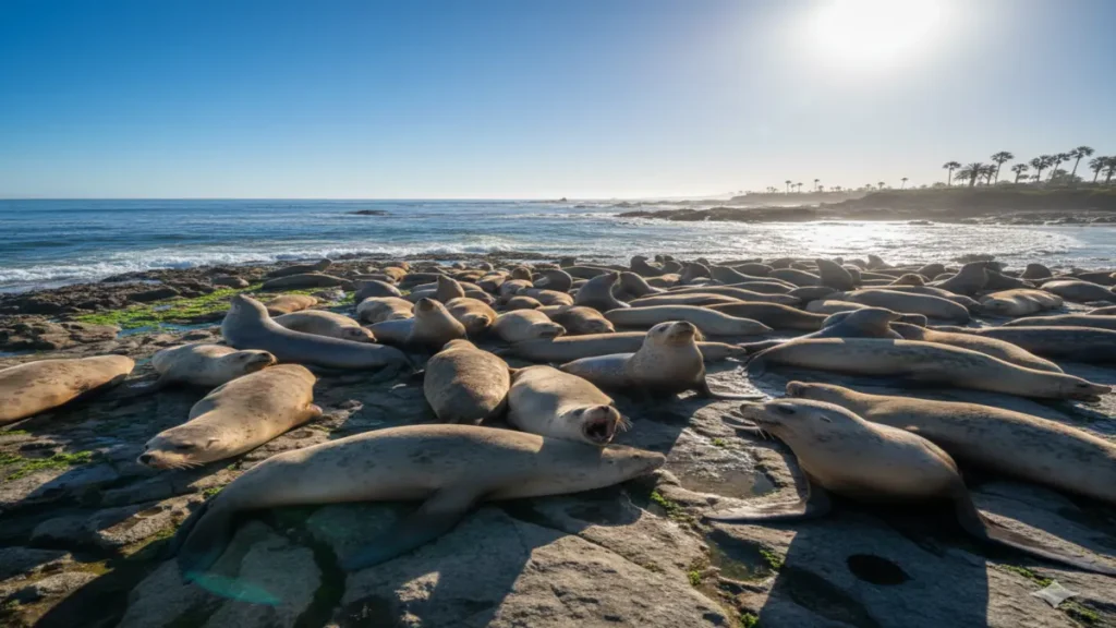 Seals and sea lions resting on rocky shoreline under a bright sky