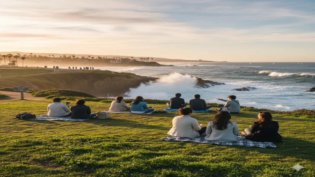 A group of people sits on a grassy bluff watching waves crash on rocks.