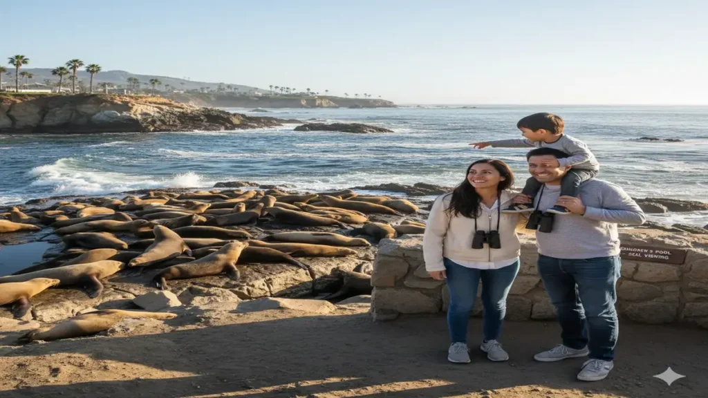 A small family looking at seals resting on rocky shore