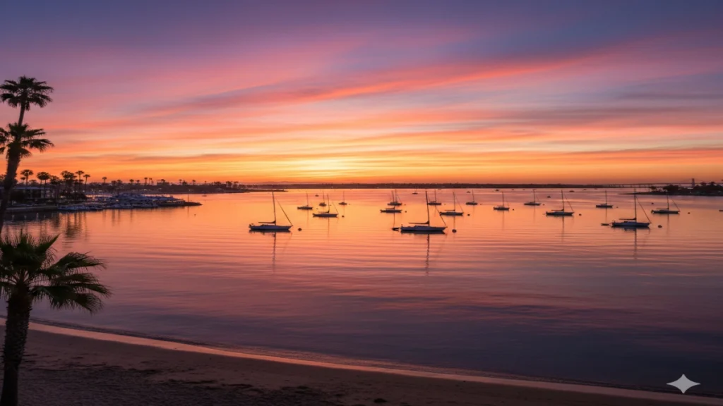 A sunset sky above a calm bay with small boats anchored