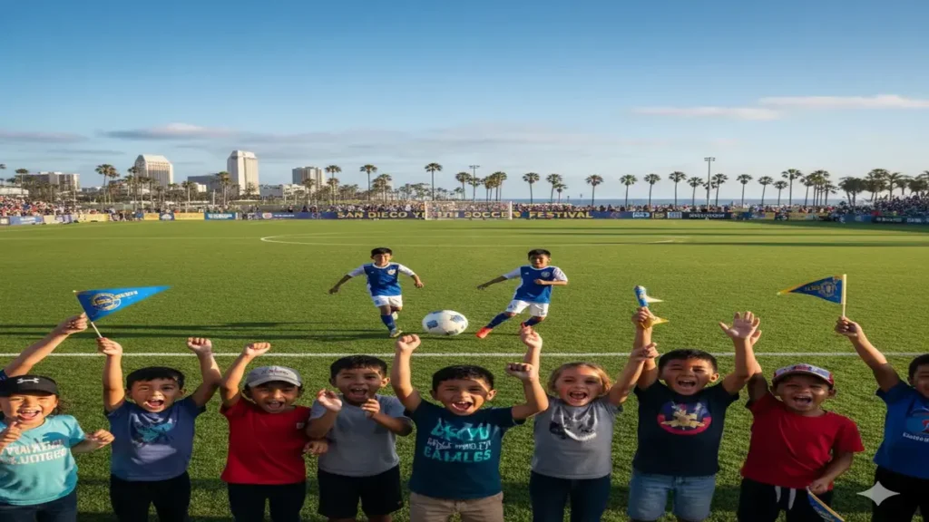 Kids cheering as players kick a soccer ball on a green field