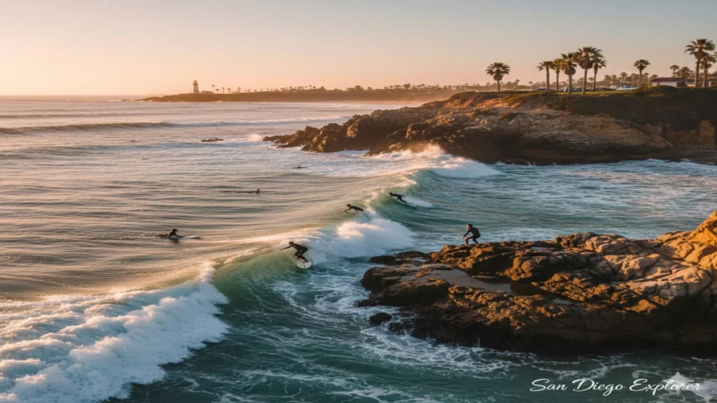 Surfers catch a wave near a rocky point.