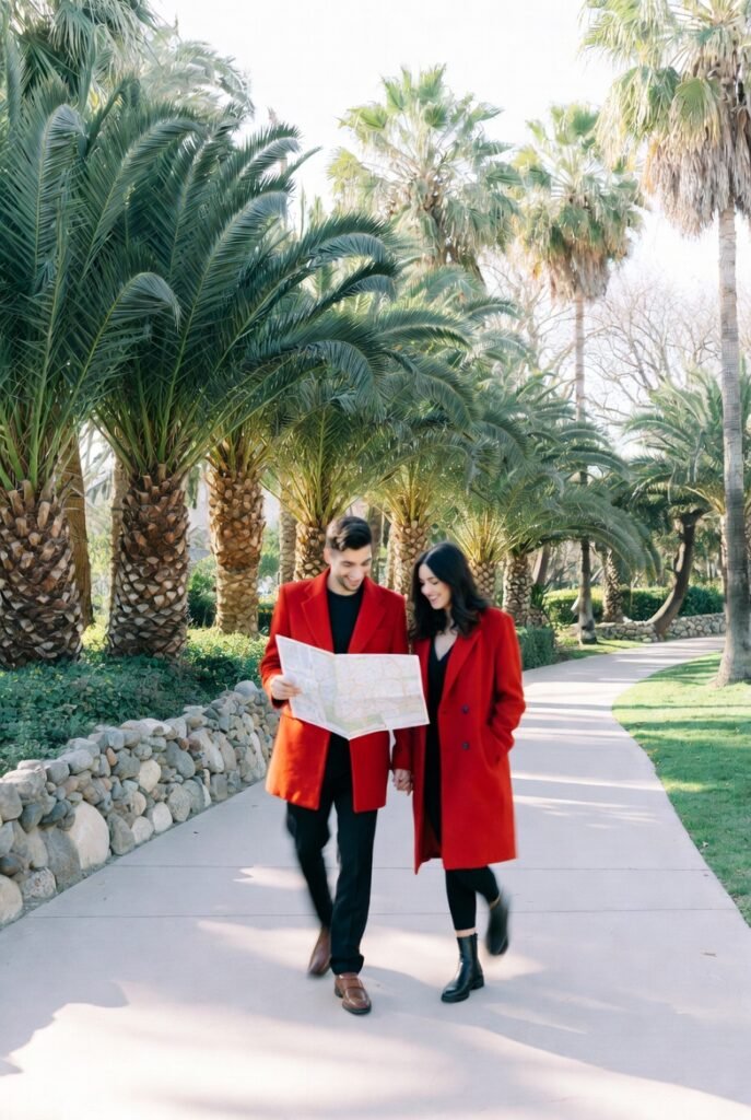 A couple in red coats walks on a zoo path with palm trees and a map in hand