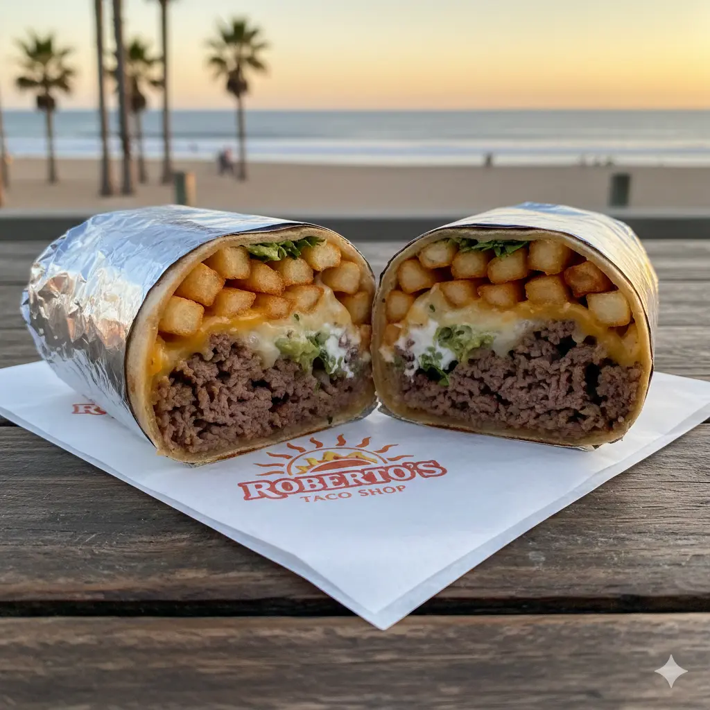 A wrapped California burrito cut in half showing meat and fries.