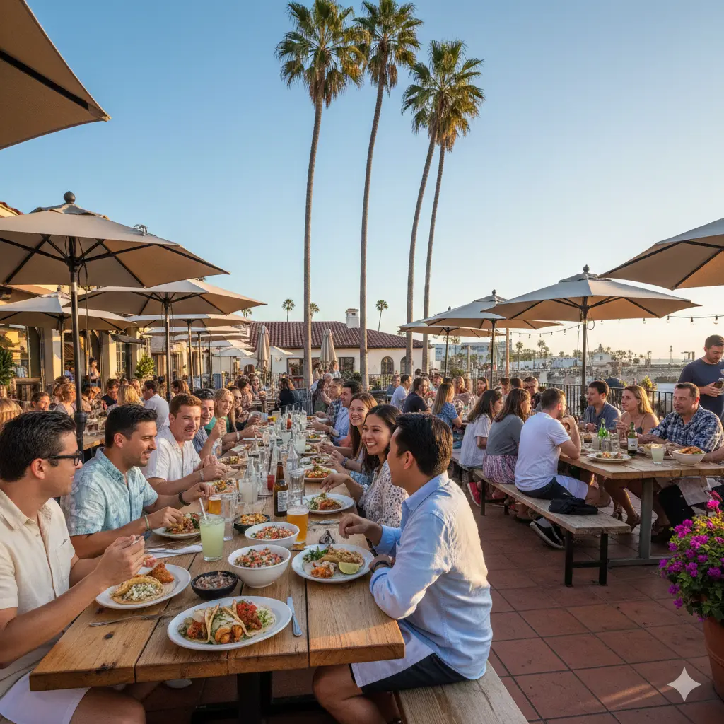 An outdoor restaurant patio with diners, tables, and tall palm trees in the background