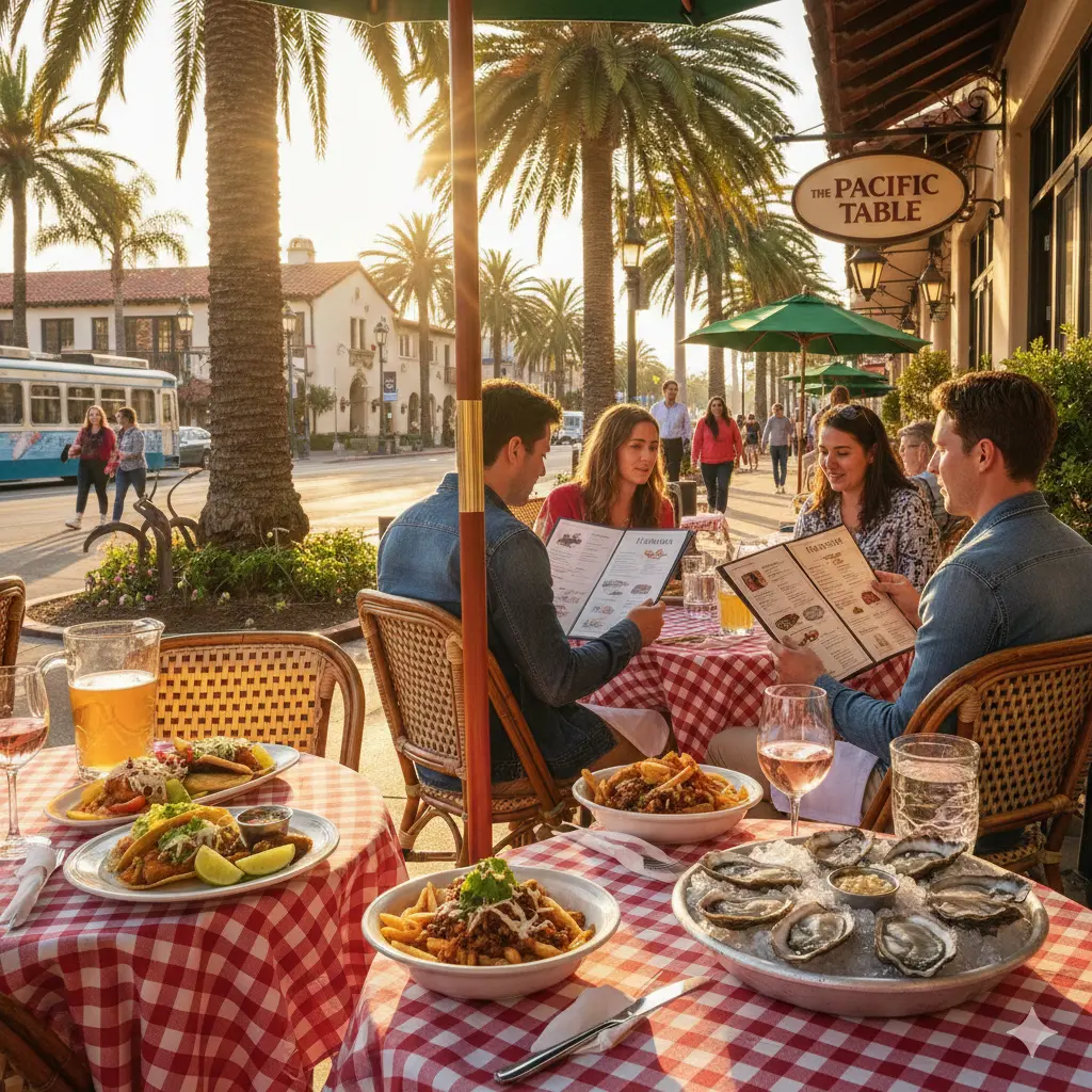 A sidewalk cafe with people seated, menus in hand, and sunlight on the tables
