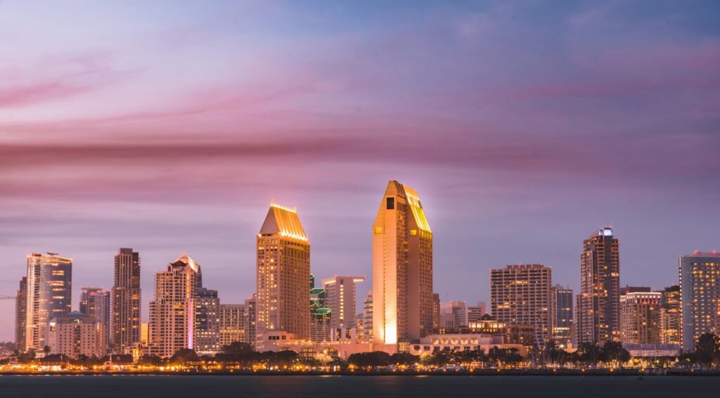 beach, sunset, skyline, and san diego in San Diego, United States