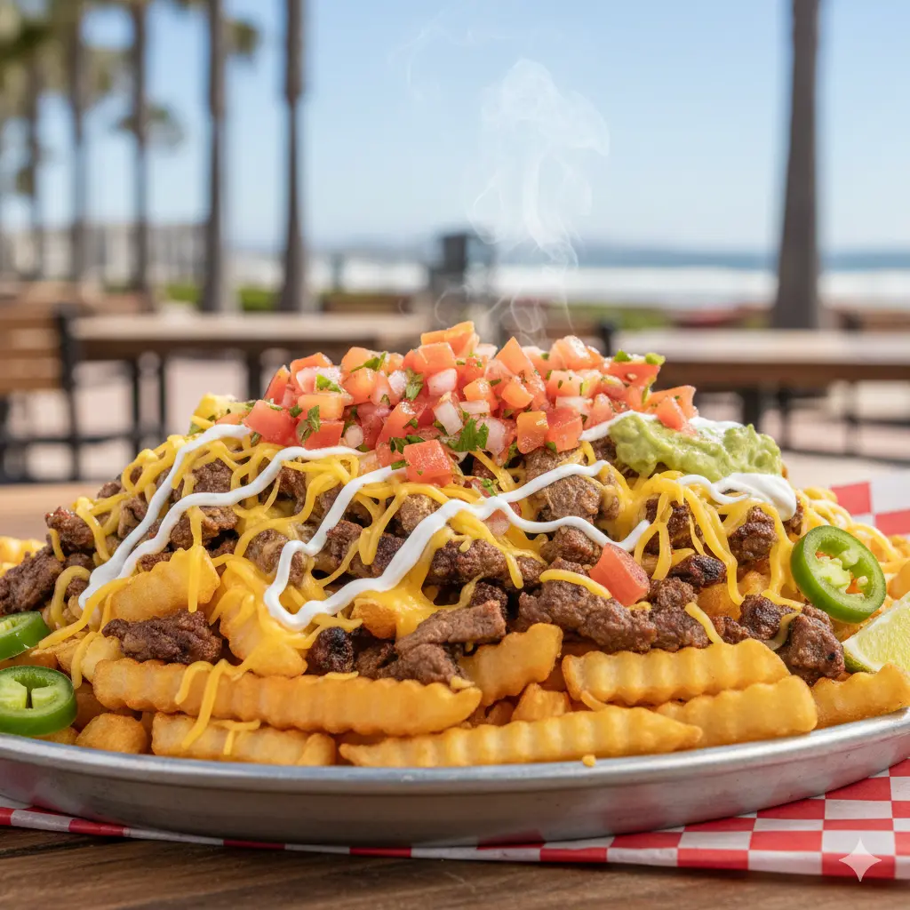 A tray of carne asada fries topped with cheese and salsa