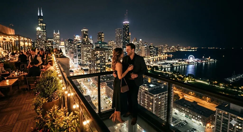 A cinematic, wide-angle shot of a couple standing at the edge of a high-rise rooftop bar in Chicago at night. The city skyline is glowing with millions of lights, and the dark blue of Lake Michigan is visible in the distance. The atmosphere is warm with soft string lights in the foreground.