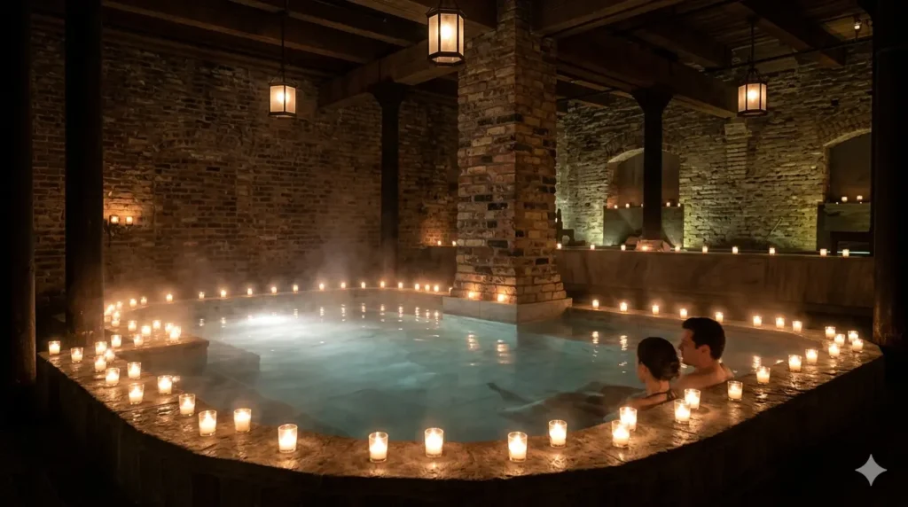 A high-end, luxury interior of an ancient-style thermal bath in Chicago. Hundreds of small candles are flickering around a stone pool. The steam is rising softly, and the atmosphere is intimate, dark, and serene.