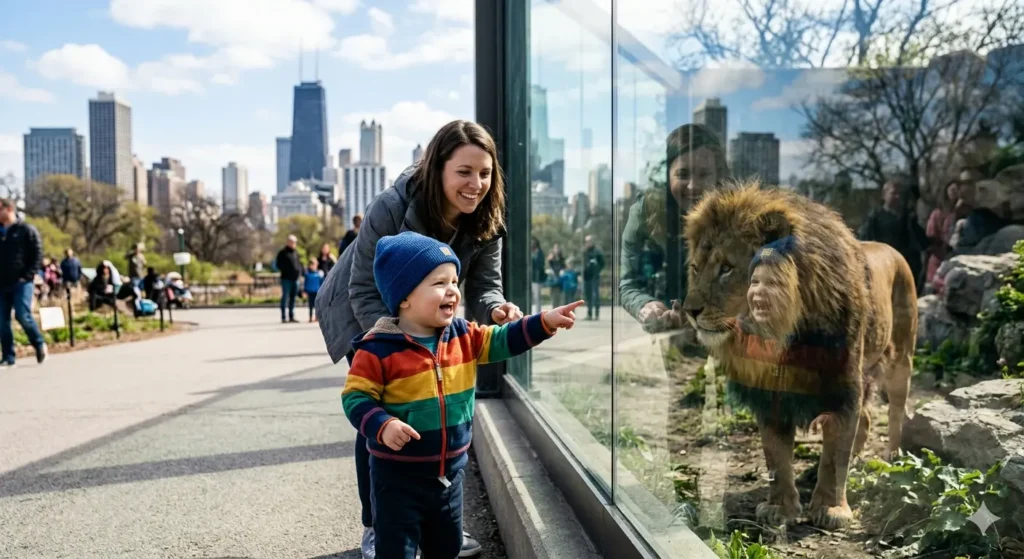 A candid, joyful photo of a toddler pointing at a lion behind a glass enclosure at the Lincoln Park Zoo, with the Chicago skyline visible in the soft-focus background.
