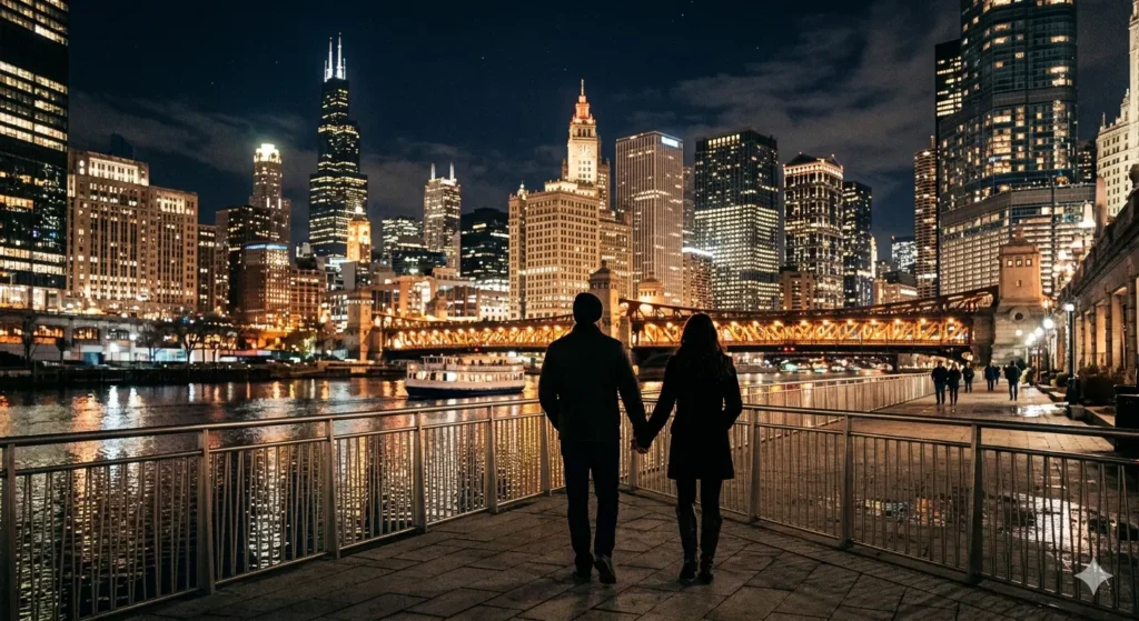 A romantic couple walking hand-in-hand along the Chicago Riverwalk at night. The bridges are glowing with architectural lighting, and the water reflects the skyscrapers. The couple is seen from behind, silhouettes against the city lights.