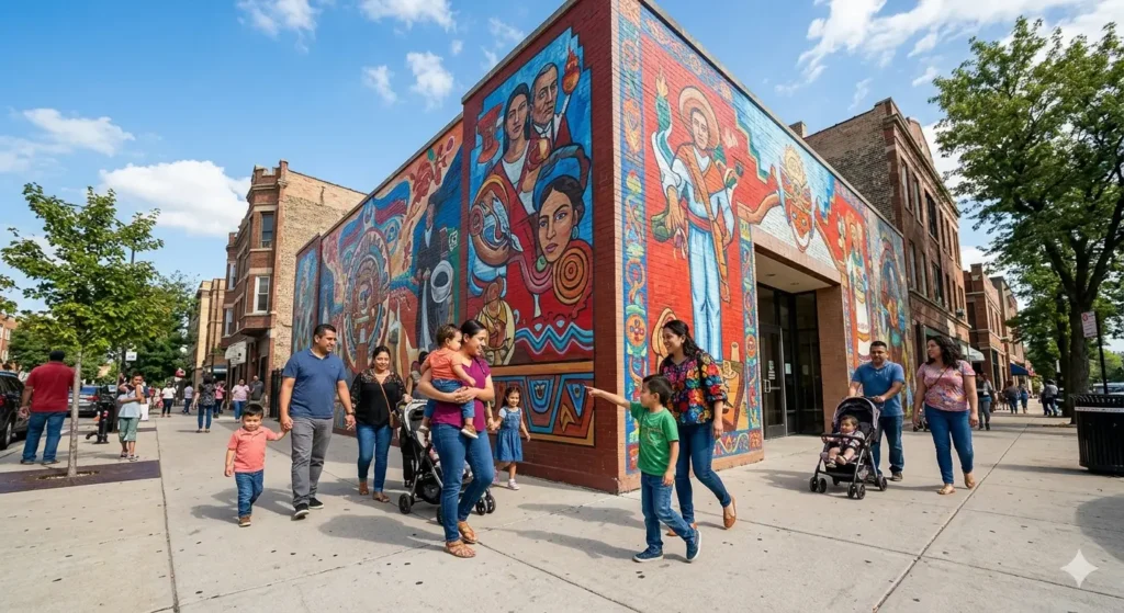 A high-resolution, wide-angle shot of the National Museum of Mexican Art in Chicago's Pilsen neighborhood, showing colorful exterior murals and families with young children entering the museum during a sunny day.