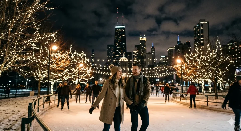 A couple ice skating on the Maggie Daley Park Skating Ribbon in Chicago during a winter night. The city's skyscrapers are lit up in the background, and there are festive lights draped over the trees. The couple is laughing and holding hands.