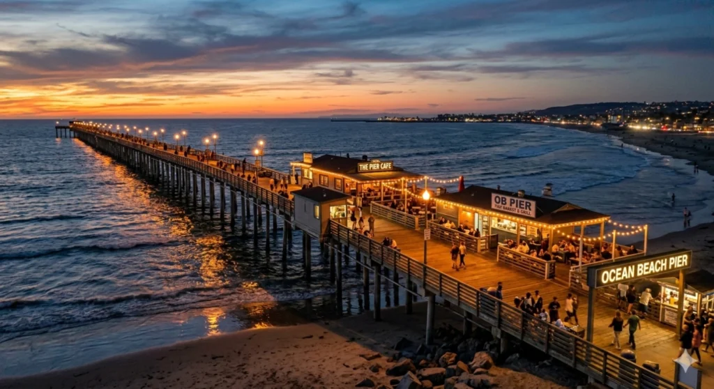 A long pier lined with lights and small restaurants reaching out over the water