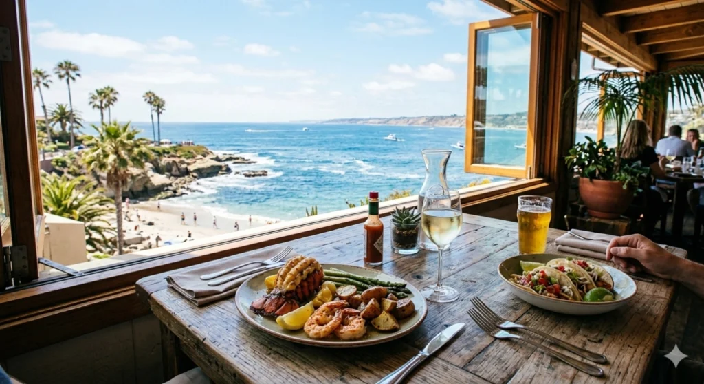 A wooden table by a window with plates of seafood and a view of the ocean