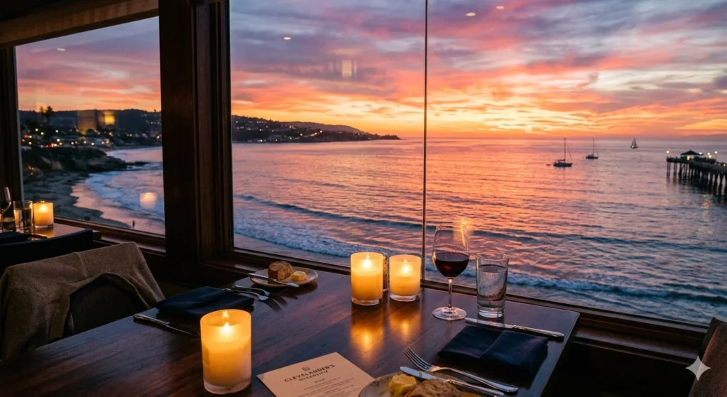 A sunset view over the water seen from a restaurant window with candles on the table