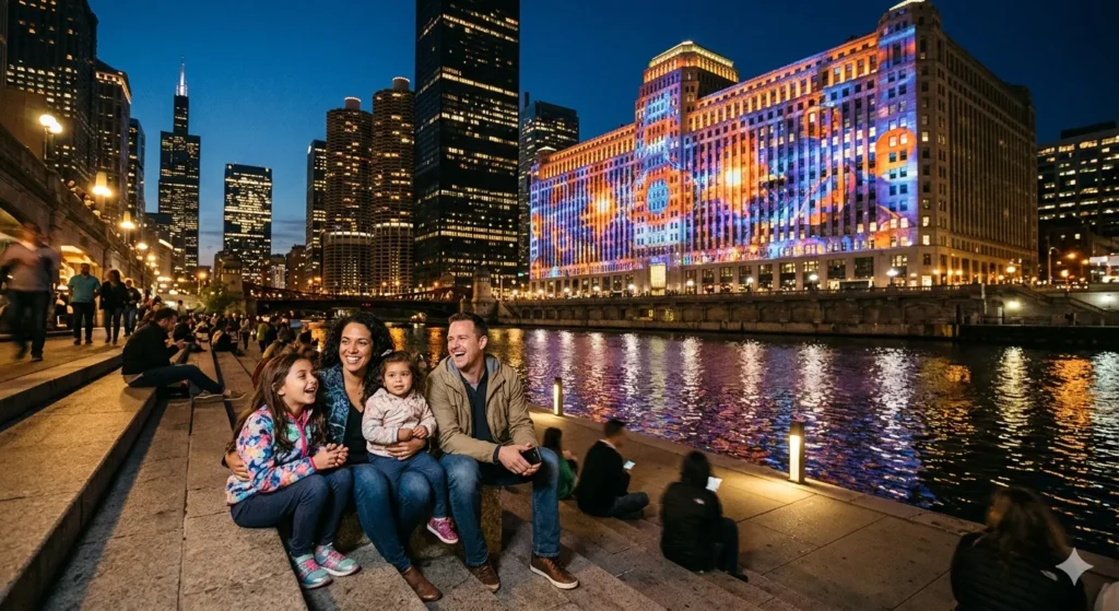 A vibrant evening shot of the Chicago Riverwalk with the "Art on theMART" light projections reflecting on the water, and a family with kids sitting on the steps watching the show.