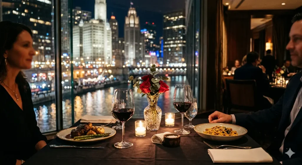 A close-up, dimly lit photo of a romantic dinner table for two at a high-end Chicago restaurant. There are glowing candles, two glasses of red wine, and a window in the background showing the blurred lights of the Chicago Riverwalk at night.
