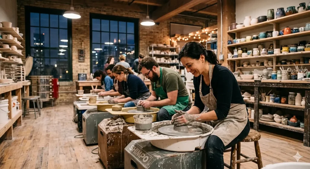 An artist's loft in Chicago where adults are participating in a pottery workshop, clay-covered hands on a spinning wheel, shelves of glazed ceramics in the background, soft industrial lighting, authentic atmosphere