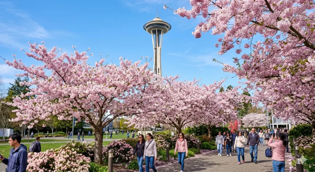 A high-resolution photo of pink cherry blossoms in full bloom at the Seattle Center, with the Space Needle visible in the background under a clear blue spring sky.