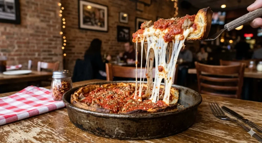 A high-quality, close-up photo of a thick Chicago deep-dish pizza being lifted from a pan, showing a long, gooey cheese pull and a chunky tomato sauce topping, set in a rustic brick-walled Chicago pizzeria with warm lighting.