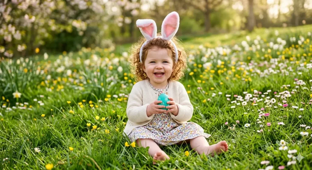 A hyper-realistic close-up of a joyful toddler with curly hair wearing fuzzy bunny ears, sitting on green grass, and holding a bright teal Easter egg. Soft spring sunlight, blooming daisies in the background, 8k resolution, cinematic lighting.