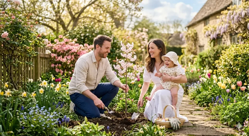 A young couple with a baby standing in a sun-drenched garden, planting a small cherry blossom tree. They are smiling, wearing light linen clothing. The scene is soft, ethereal, and symbolizes new beginnings, 8k, photorealistic.