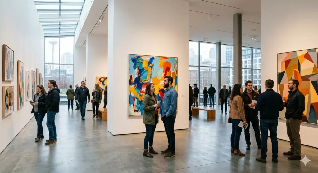 An interior shot of a modern Seattle art gallery with people admiring large, colorful abstract paintings on white walls, featuring soft, natural lighting.
