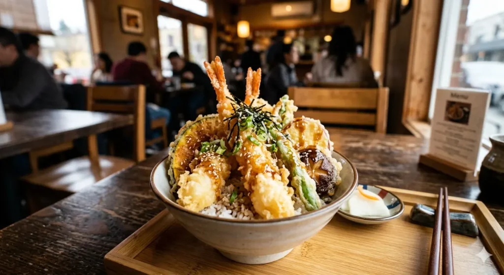 A close-up, appetizing shot of a Japanese tempura rice bowl with crispy shrimp and vegetables, drizzled with savory sauce in a cozy Seattle restaurant setting.