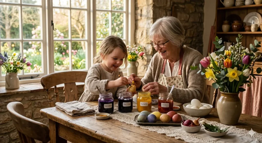 A cozy indoor scene showing an elderly woman and a young child sitting at a wooden table, decorating eggs with natural dyes. Jars of purple and yellow liquids, fresh flowers on the table, warm morning light through a window, 8k, highly detailed.