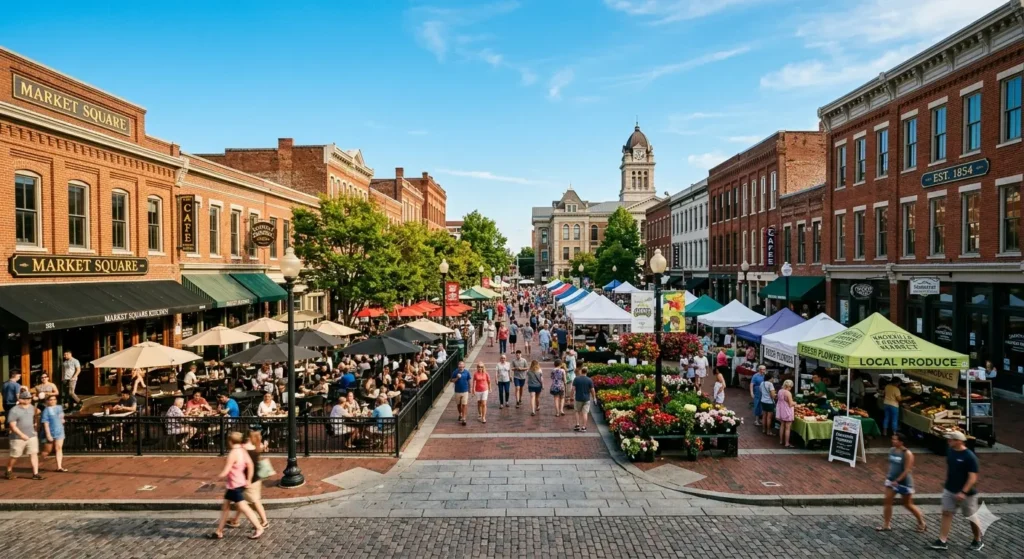 A wide-angle, cinematic shot of Market Square in Knoxville during a sunny afternoon. The square is filled with people dining at outdoor tables, colorful flower stalls from a farmers' market, and historic brick buildings under a clear blue sky.