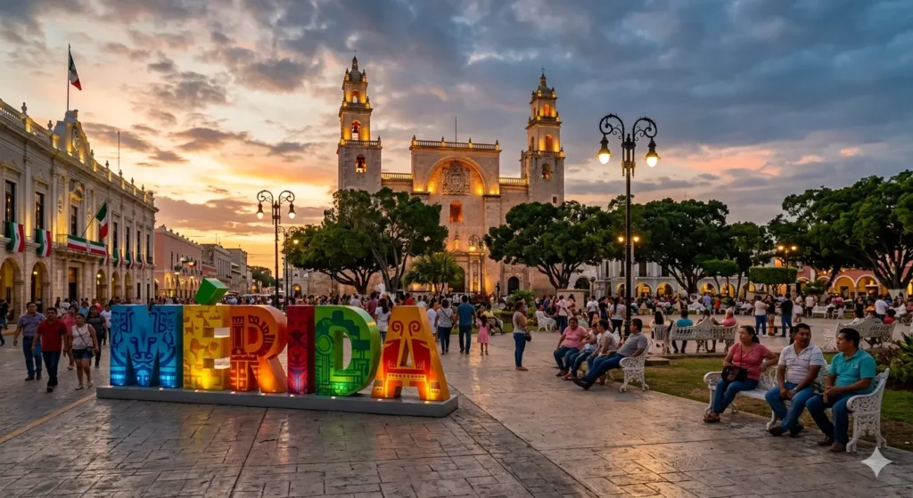 A wide-angle, high-resolution photo of the Plaza Grande in Merida at sunset. The colorful "MERIDA" letters are in the foreground, with the ancient San Ildefonso Cathedral glowing under warm lights in the background. Local people are sitting on white stone benches.