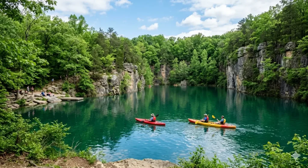 A serene photograph of Mead's Quarry at Ijams Nature Center. People are kayaking on the turquoise water, surrounded by high rock cliffs and lush green trees during the spring season.