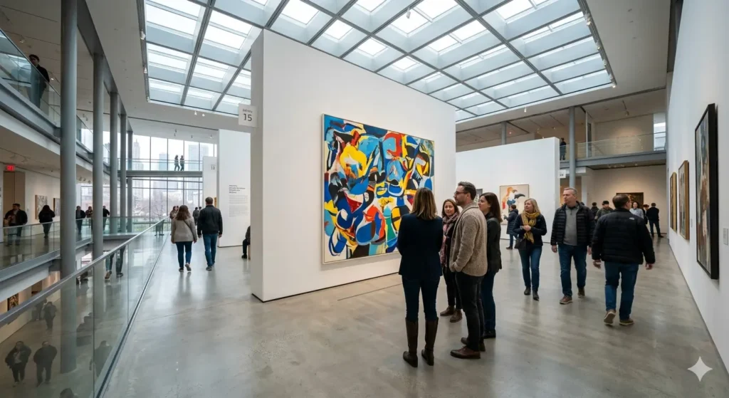 A high-resolution, wide-angle shot of the modern wing at the Art Institute of Chicago, featuring adults in stylish attire admiring a large abstract painting, soft natural light filtering through the ceiling, 8k resolution, cinematic lighting.