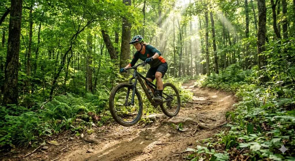 A high-action shot of a mountain biker navigating a wooded trail at Baker Creek Preserve in Knoxville. Sunbeams filter through the canopy, highlighting the dirt path and the vibrant green forest.