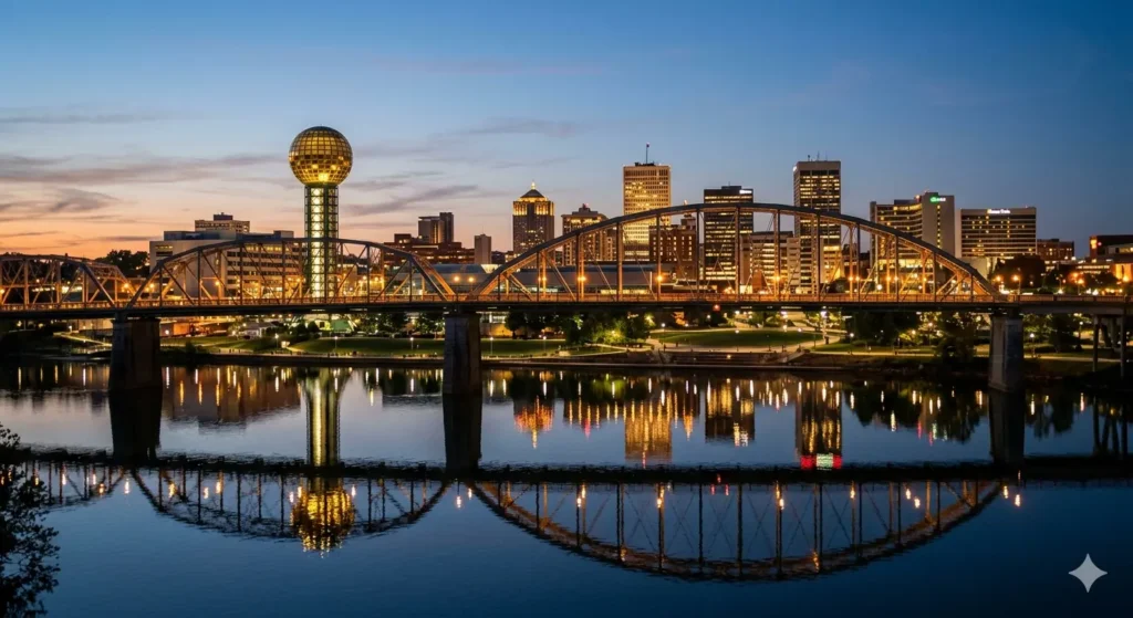 A twilight view of the Knoxville skyline from the Tennessee River. The lights of the Sunsphere and downtown buildings are reflected in the calm water, with the Gay Street Bridge arching gracefully in the foreground.