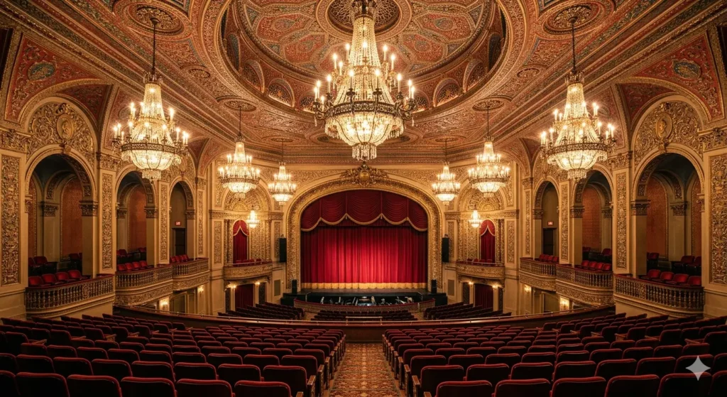 An interior view of the grand Tennessee Theatre in Knoxville. The photo captures the ornate, glowing chandeliers, the intricate red and gold ceiling, and the plush velvet seats, reflecting a vintage Hollywood atmosphere.