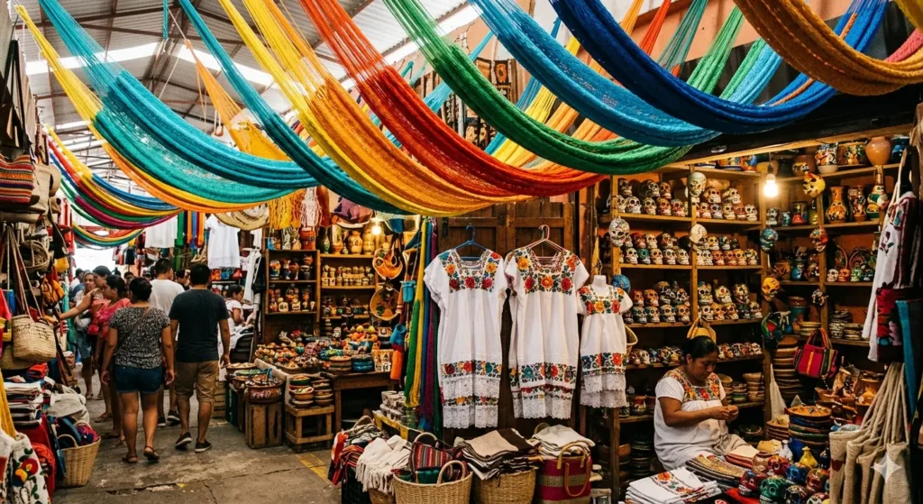 A colorful interior shot of a traditional Merida craft market. Hanging multi-colored hand-woven hammocks create a rainbow of texture. In the background, shelves are filled with hand-painted ceramic skulls and traditional embroidered white dresses (huipiles).