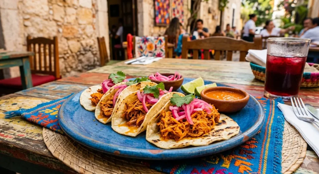 A close-up, vibrant food photography shot of a plate of Cochinita Pibil tacos on a blue ceramic plate. The pork is bright orange, topped with pickled red onions and a side of habanero salsa. Authentic Mexican textile background.