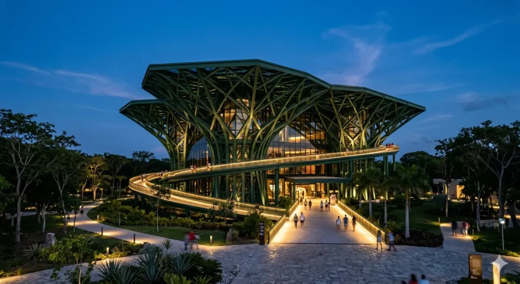 An exterior architectural shot of the Gran Museo del Mundo Maya in Merida during the "blue hour." The modern green steel structure looks like a stylized tree against a deep blue sky, with artistic lighting highlighting the walkways.